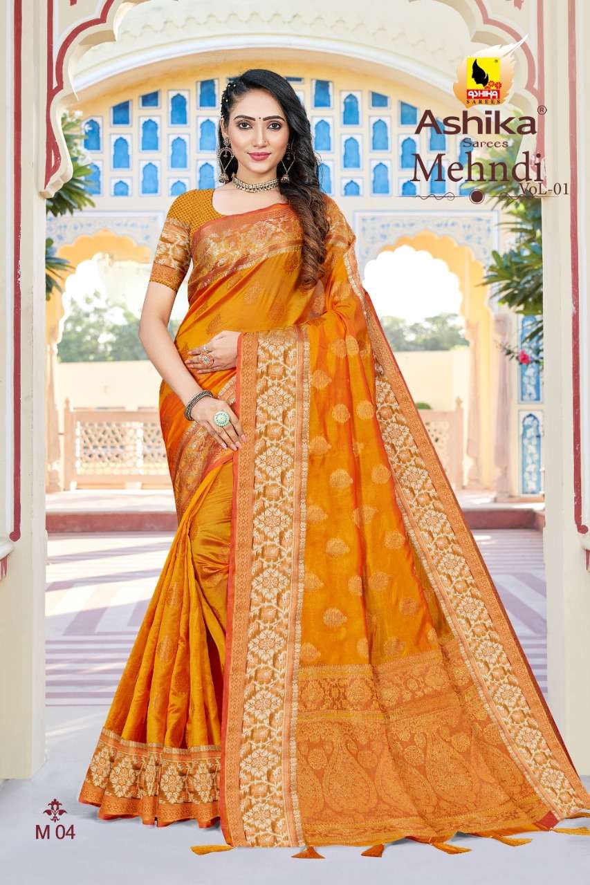 ashika mehndi vol 1 organza saree with fancy border 