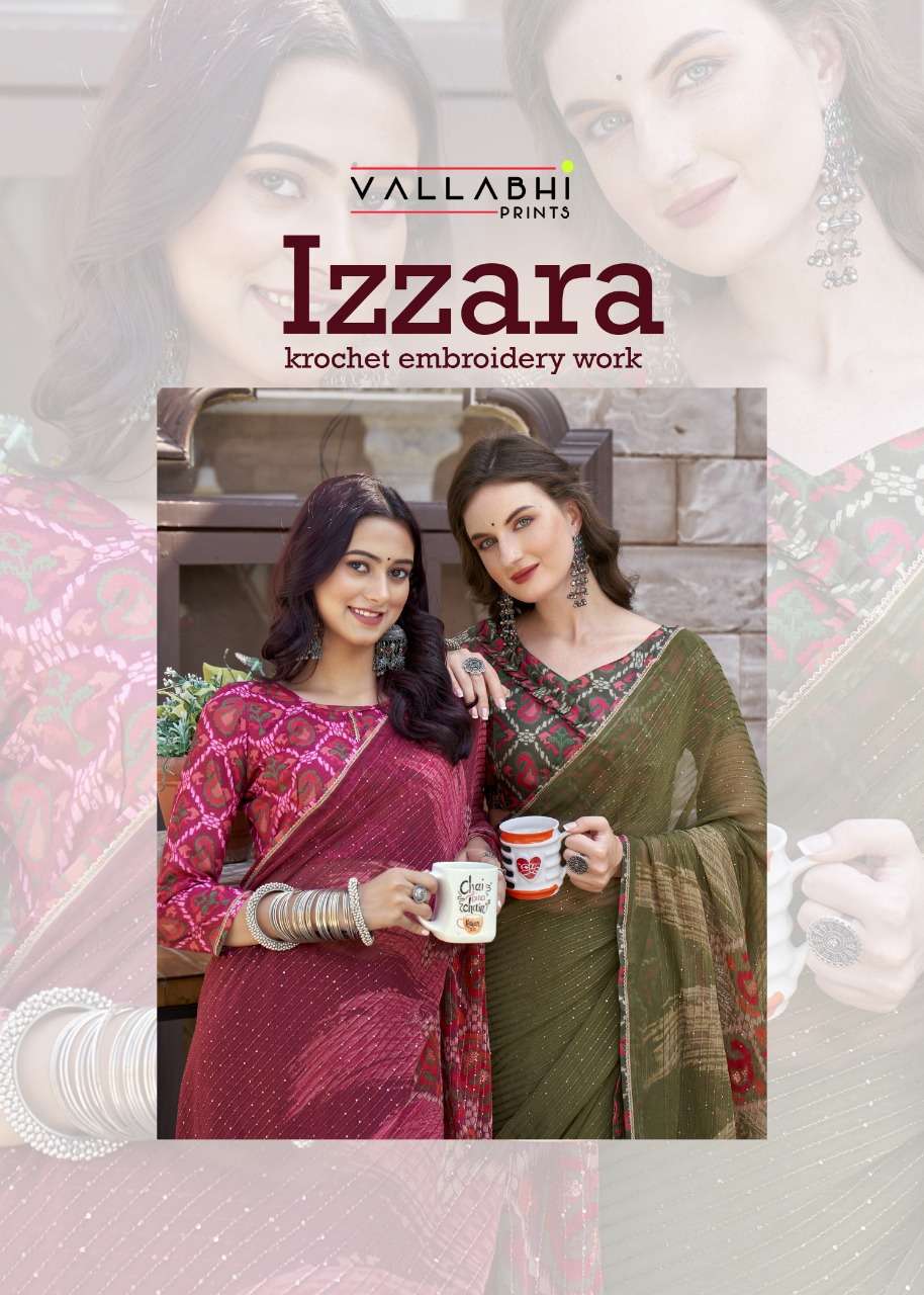 izzara by vallabhi krochet georgette printed fancy sarees