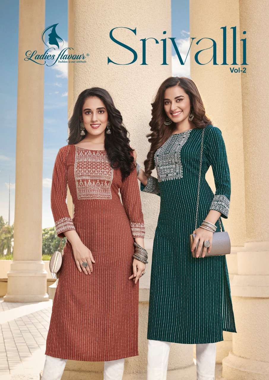 ladies flavour srivalli vol 2 rayon embroidery kurtis wholesale price 