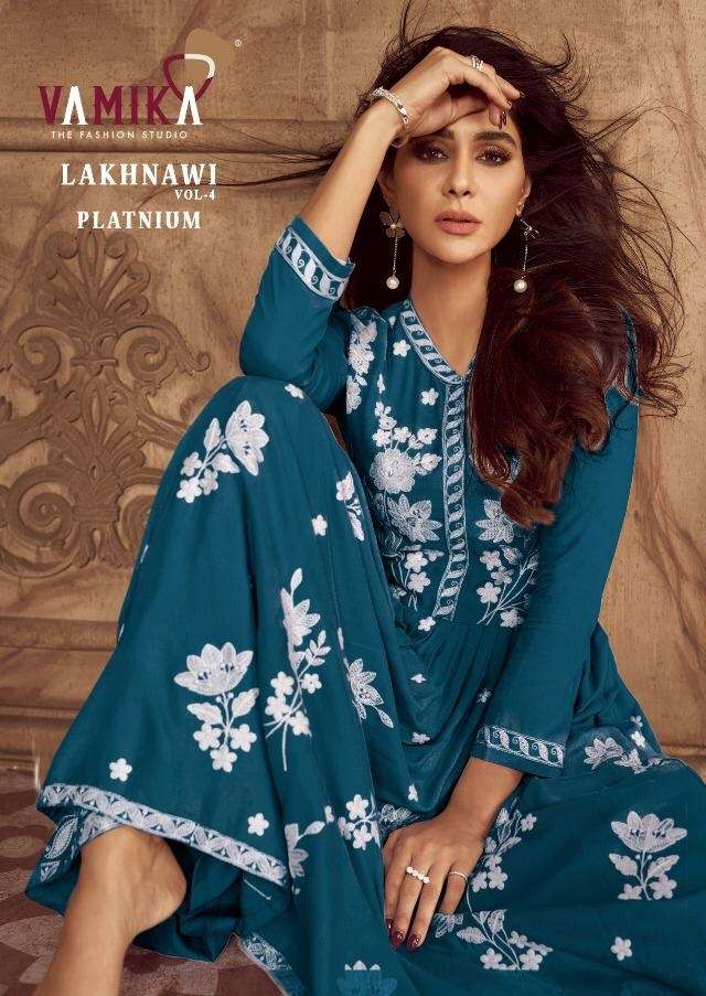 lakhnavi vol 4 platinum by vamika rayon readymade kurti with plazzo & dupatta set