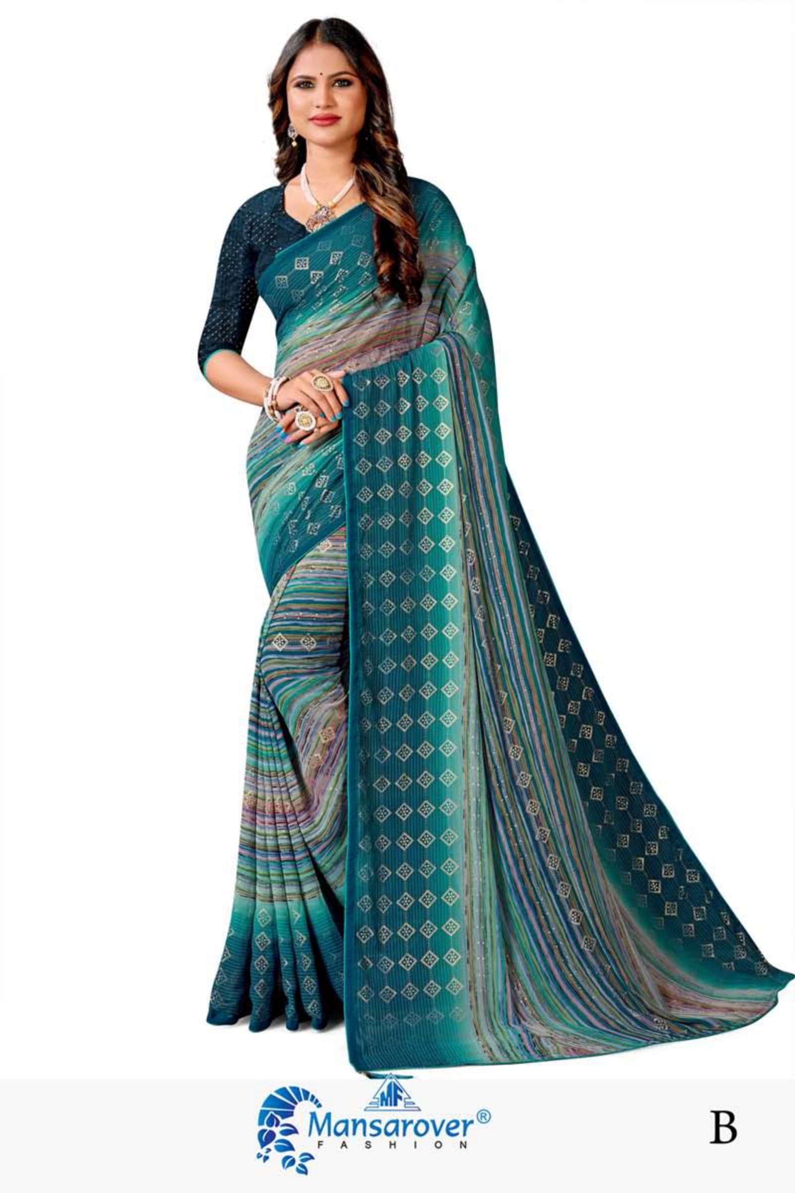mansarover fashion kavita Wetless foil Sequence blouse with latkan saree