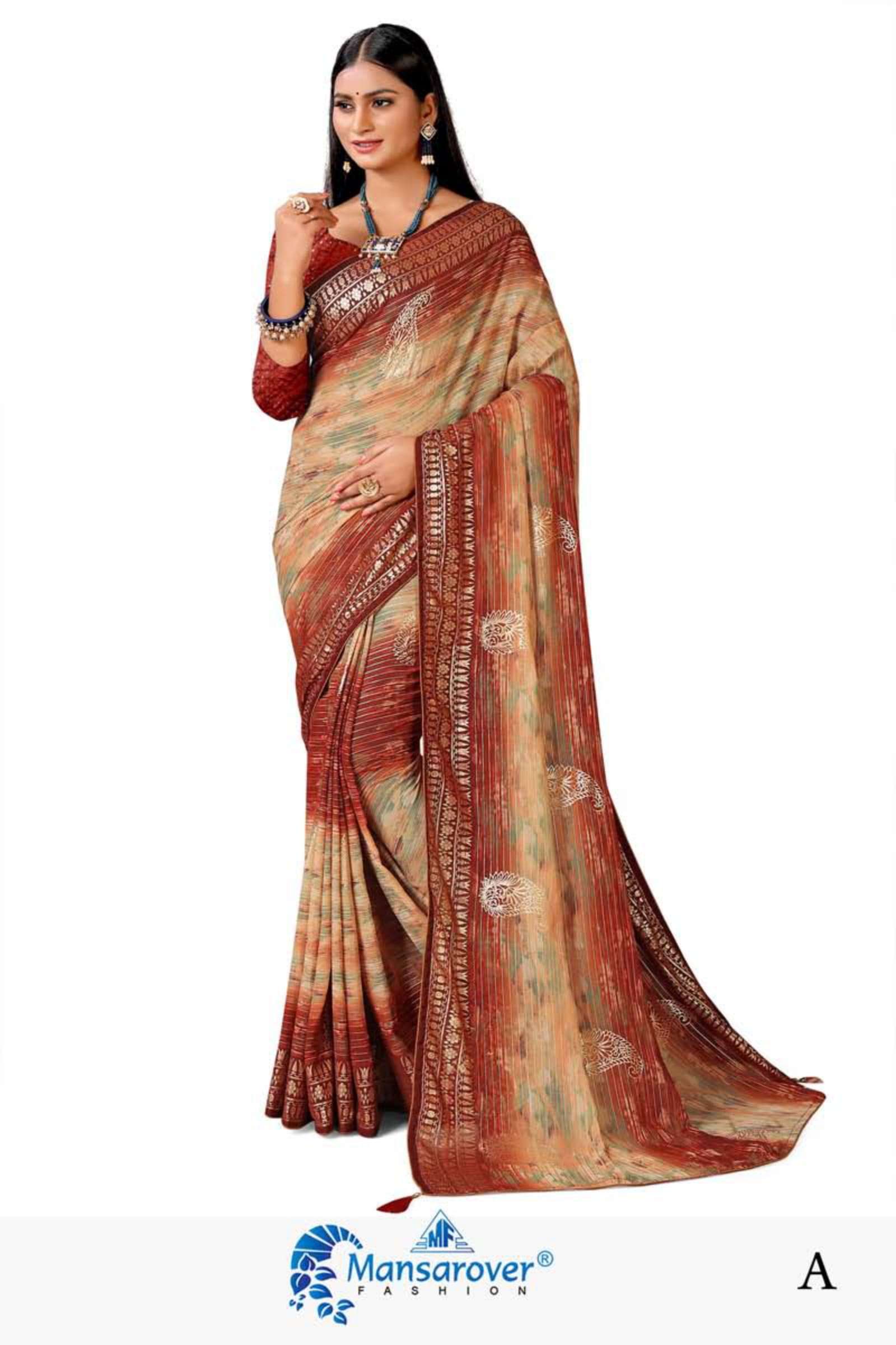 mansarover fashion sanjana Wetless foil Sequence blouse with latkan sarees 