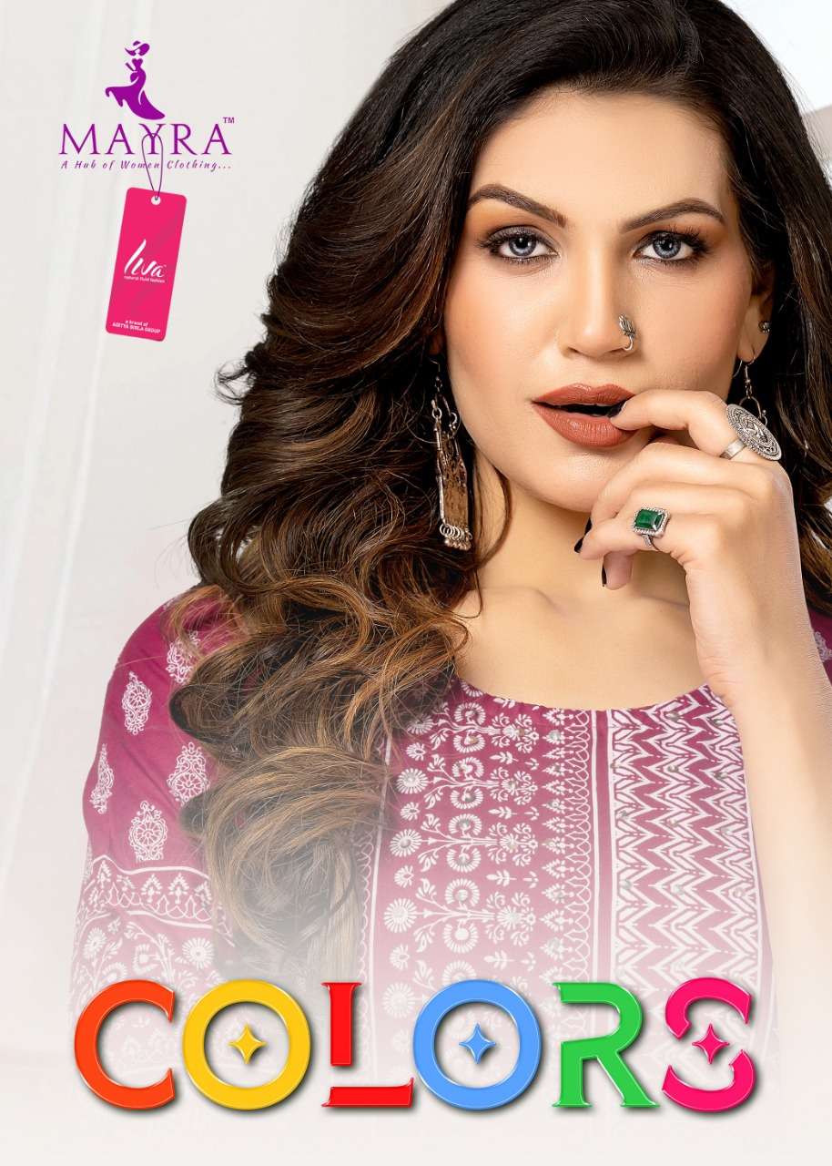 MAYRA COLOR’S Reyon plain 14kg with Liva tag with machine Khadi print  with 3 layer fully interlock umberalla with manual sequence Neck work KURTI WHOLESALER BEST RATE