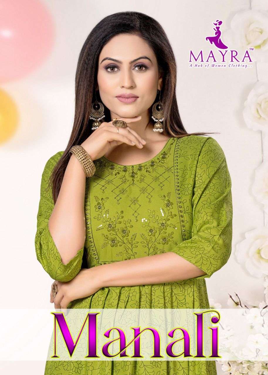 MAYRA MANALI VOL.1 Reyon plain 14kg with screen print with sequence work with umbrella KURTI CATALOG WHOLESALER BEST RATE