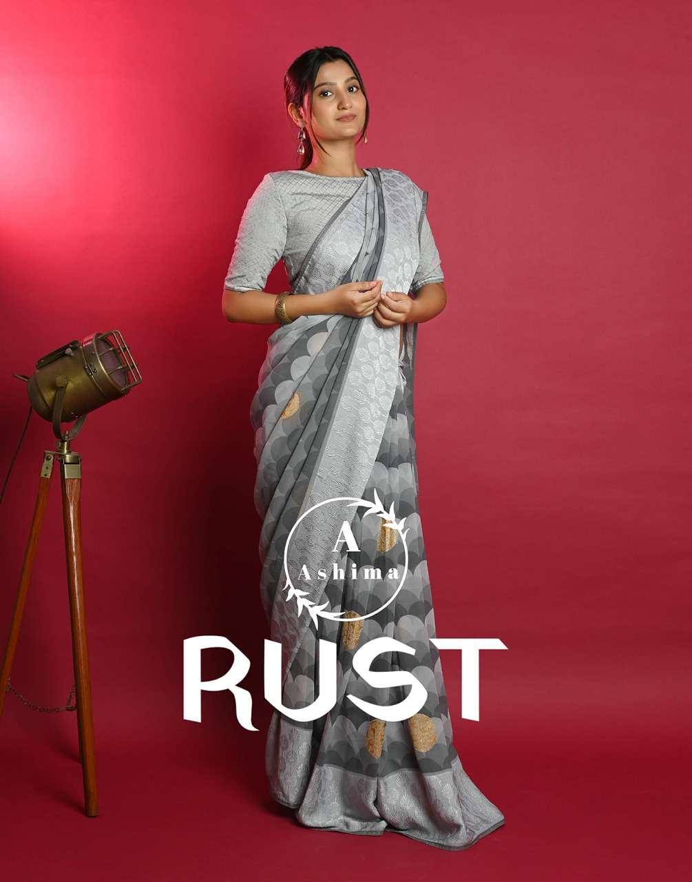 rust by ashima georgette designer saree with weaving jacquard pattern