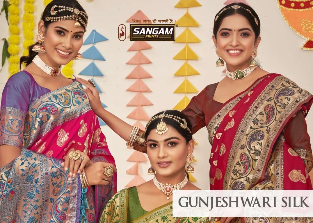 sangam prints gunjeshwari silk heavy banarasi saris wholesaler