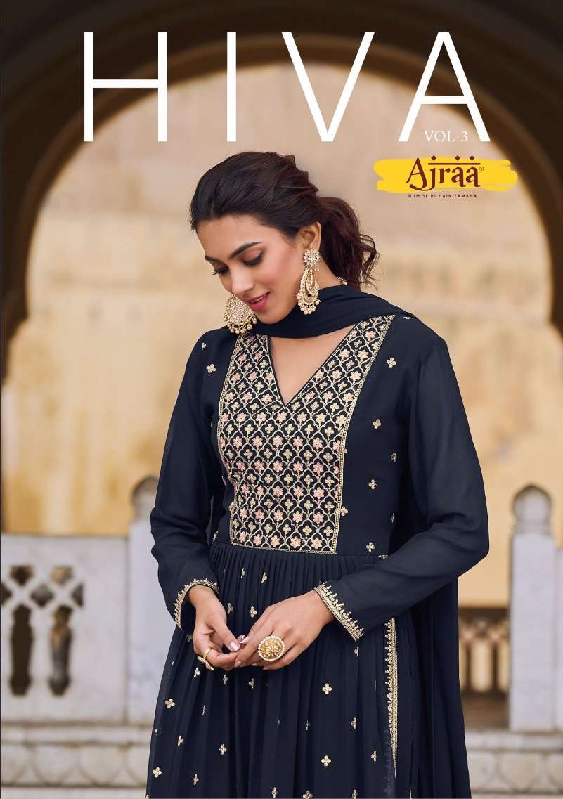 ajraa hiva vol 3 georgette work nyra cut readymade 3 piece dresses