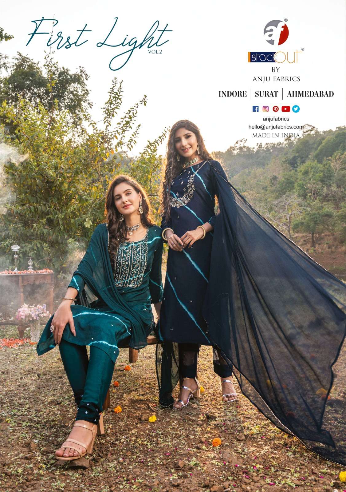 anju fabrics first light vol 2  kurtis pent dupatta digital readymadr suits