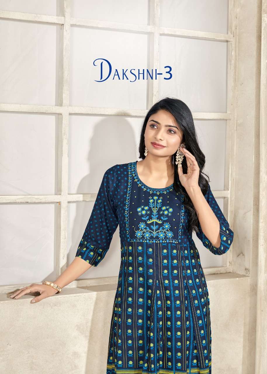 dakshni vol 3 Embroidery work with Foil Print Flair Gown kurtis 