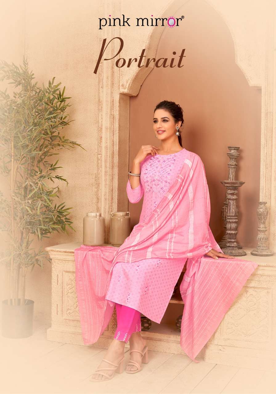 portrait by pink mirror viscose embroidery full stitch 3 piece set