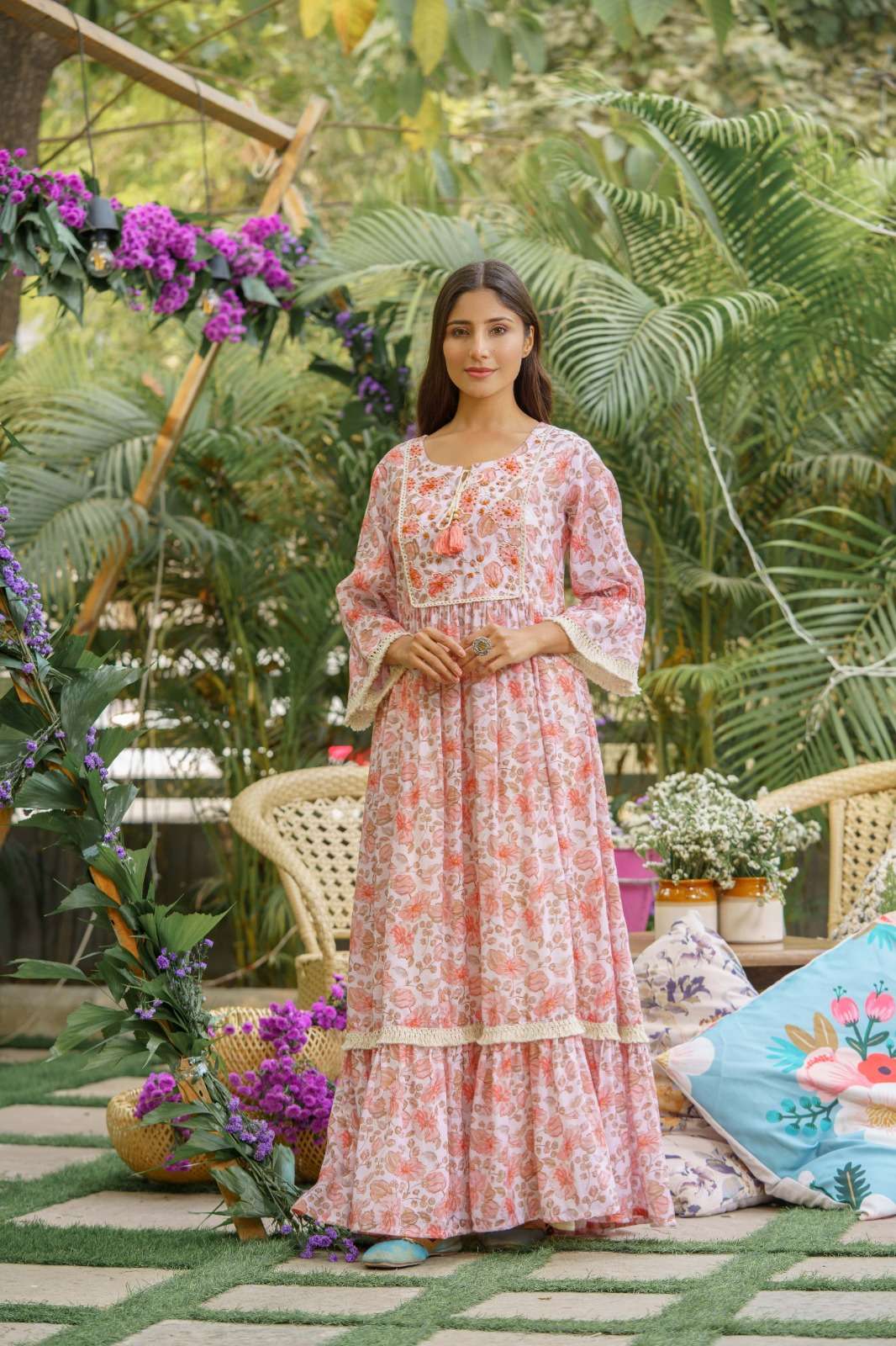 pr 1951 design linen prints gown combo set 