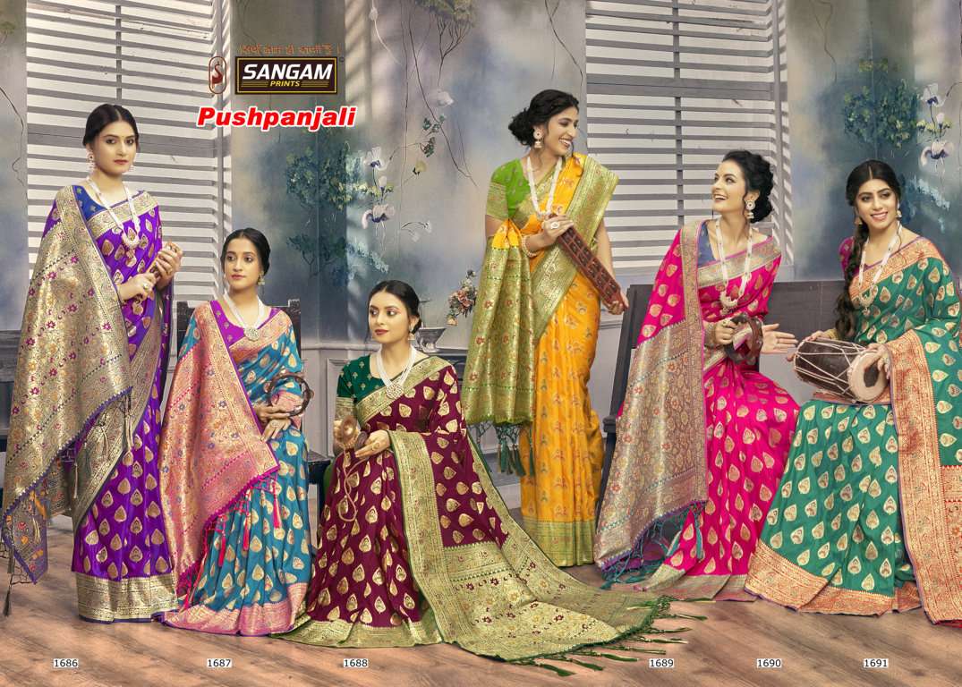 sangam prints pushpanjali heavy banarasi silk saris wholesaler