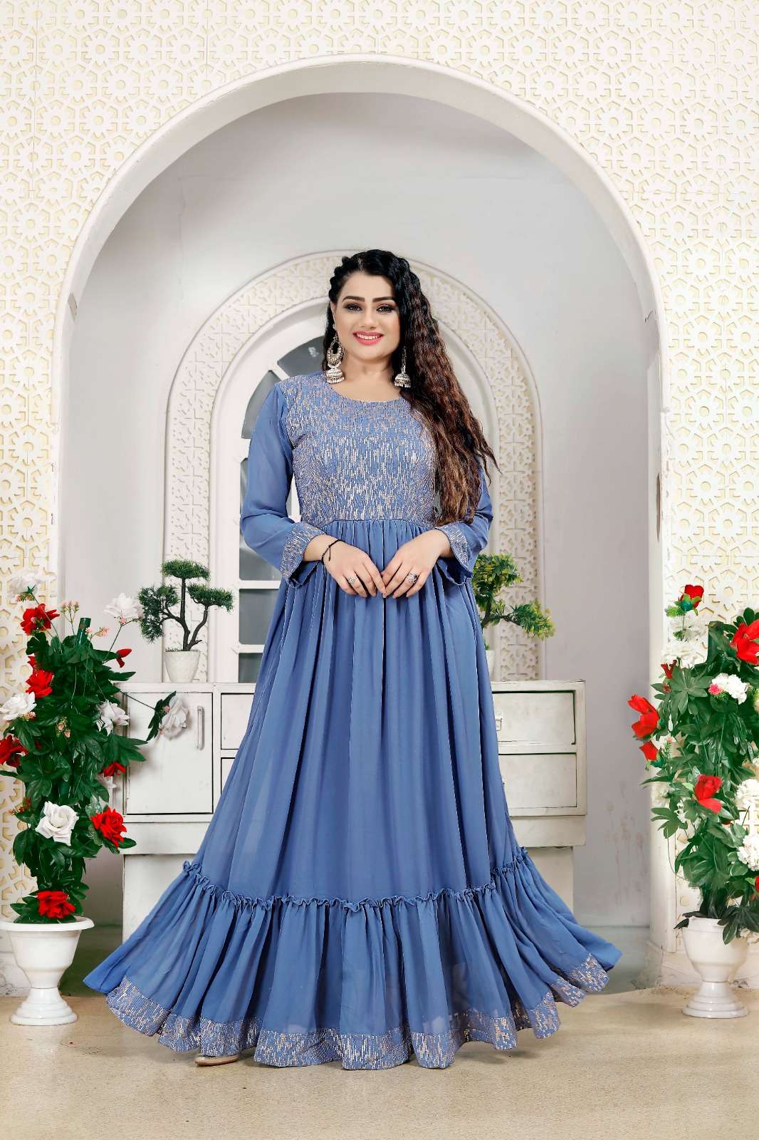 vardan present sky kurti 7601 georgette designer long gown combo set