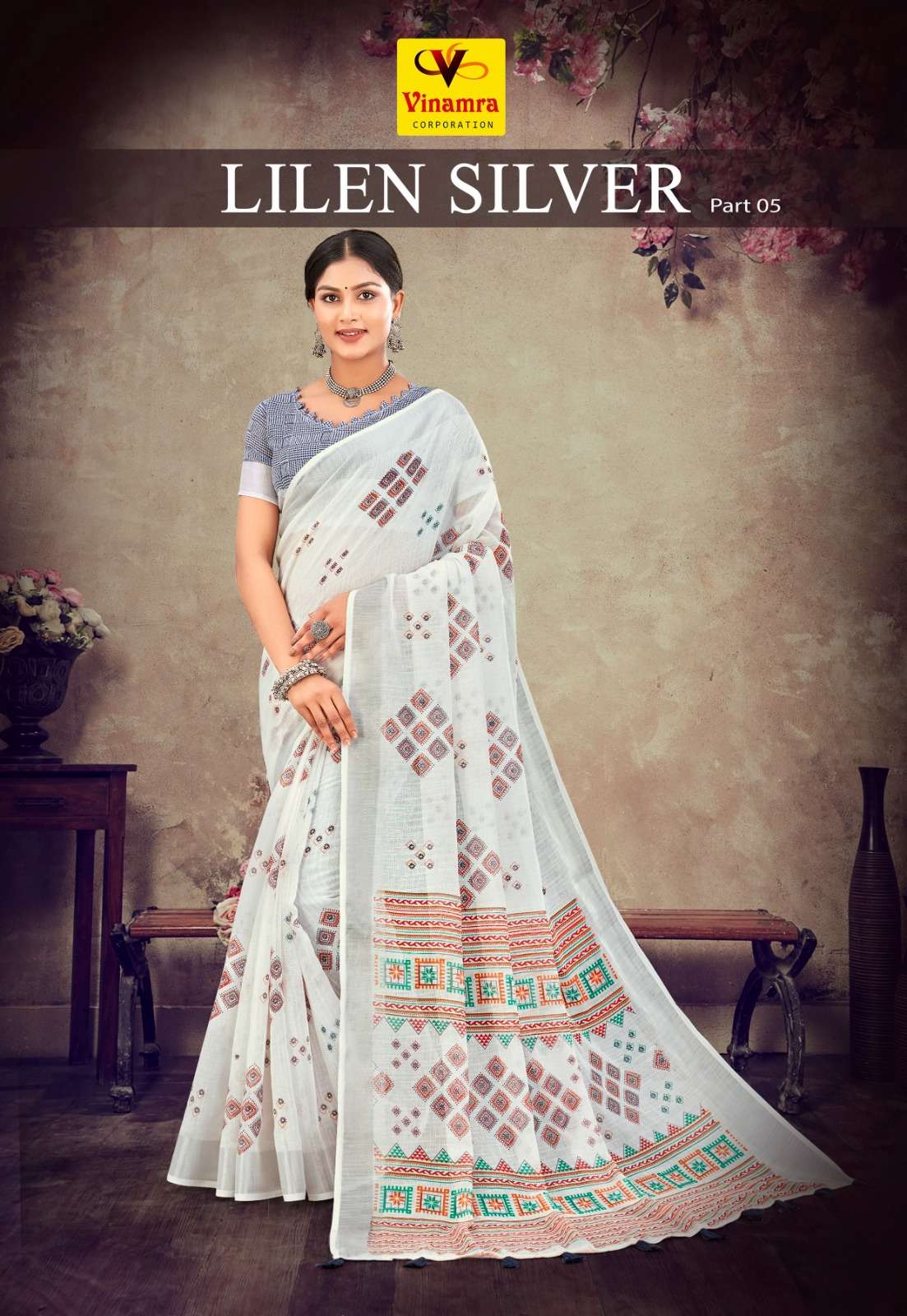 vinamra lilen silver vol 5 cotton linen patta sarees authorized supplier 