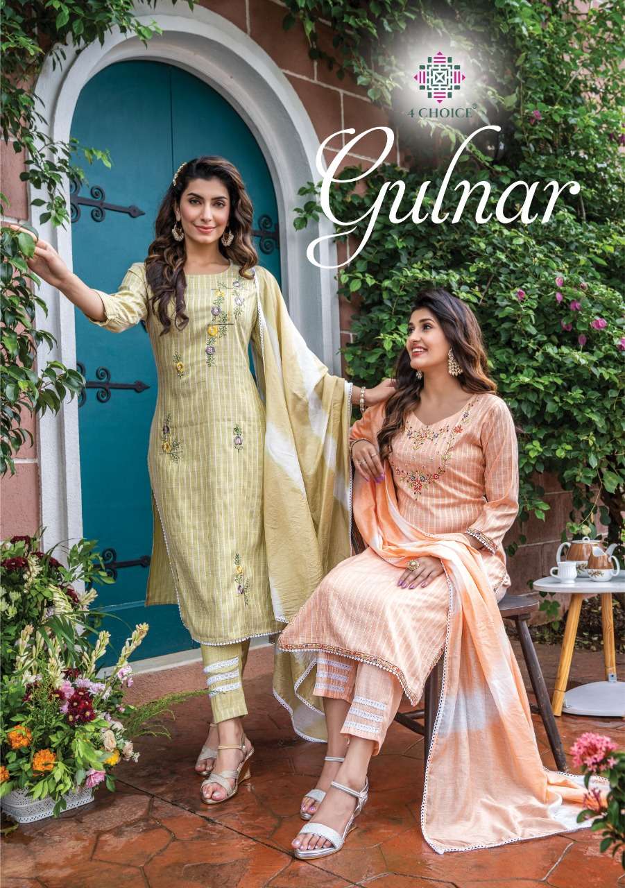 4 choice gulnar stylish 3 piece top with pant and dupatta stitched collection