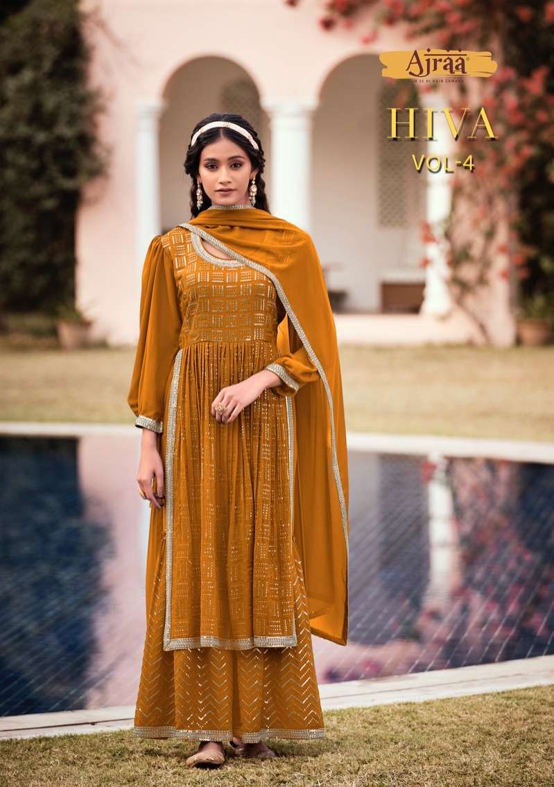 ajraa hiva vol 4 georgette nyra cut ramdan special readymade 3 piece set