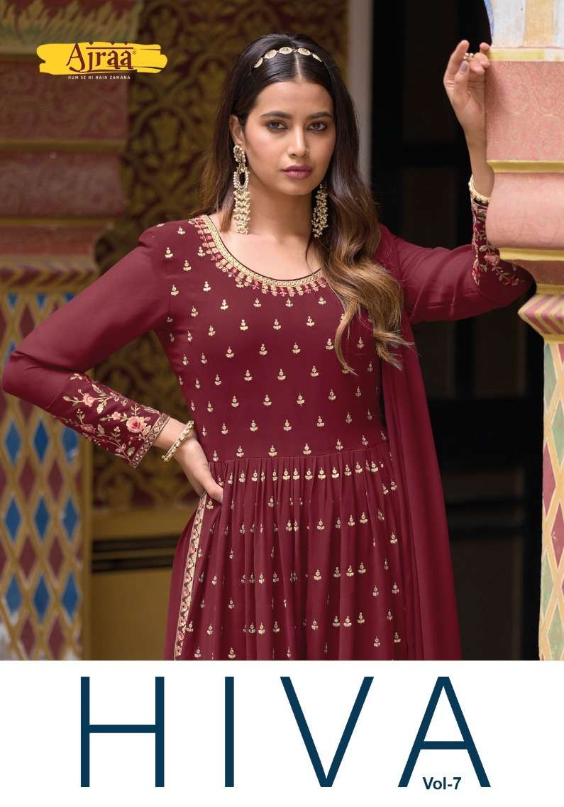 ajraa hiva vol 7 readymade real georgette nayra cut kurti with plazo and dupatta