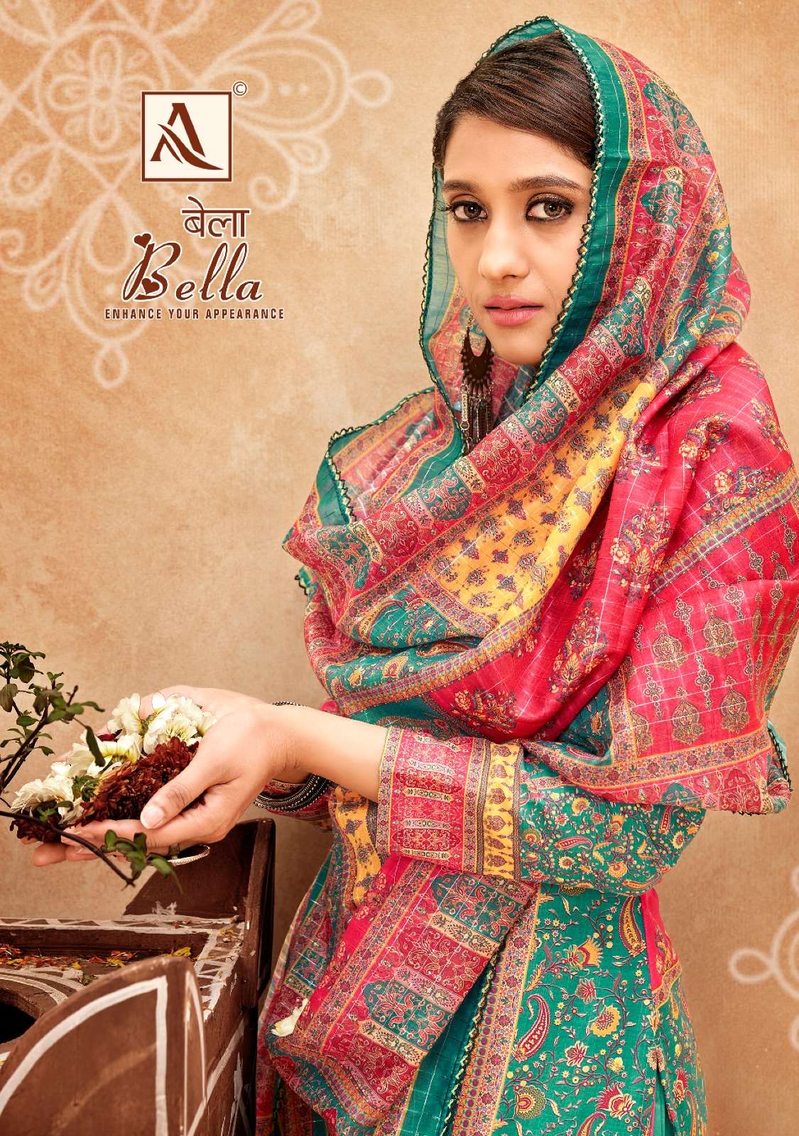 alok suit presents bella maslin designer print unstitched top and bottom with dupatta