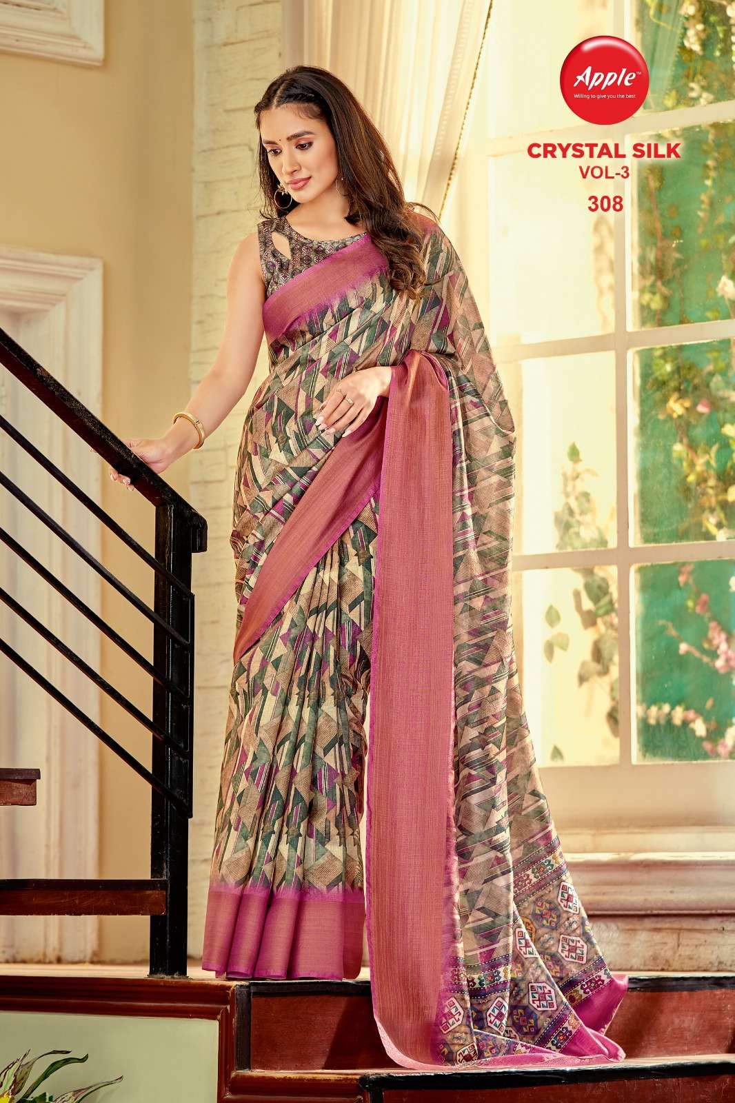 apple crystal silk vol 3 301-308 unstitched soft cotton printed sarees