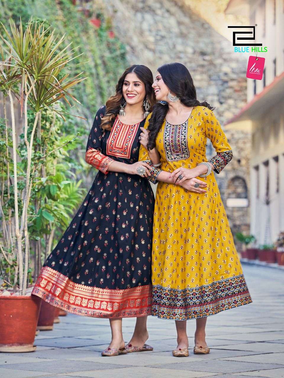 blue hills sensational liva rayon anarkali gown embroidery design 