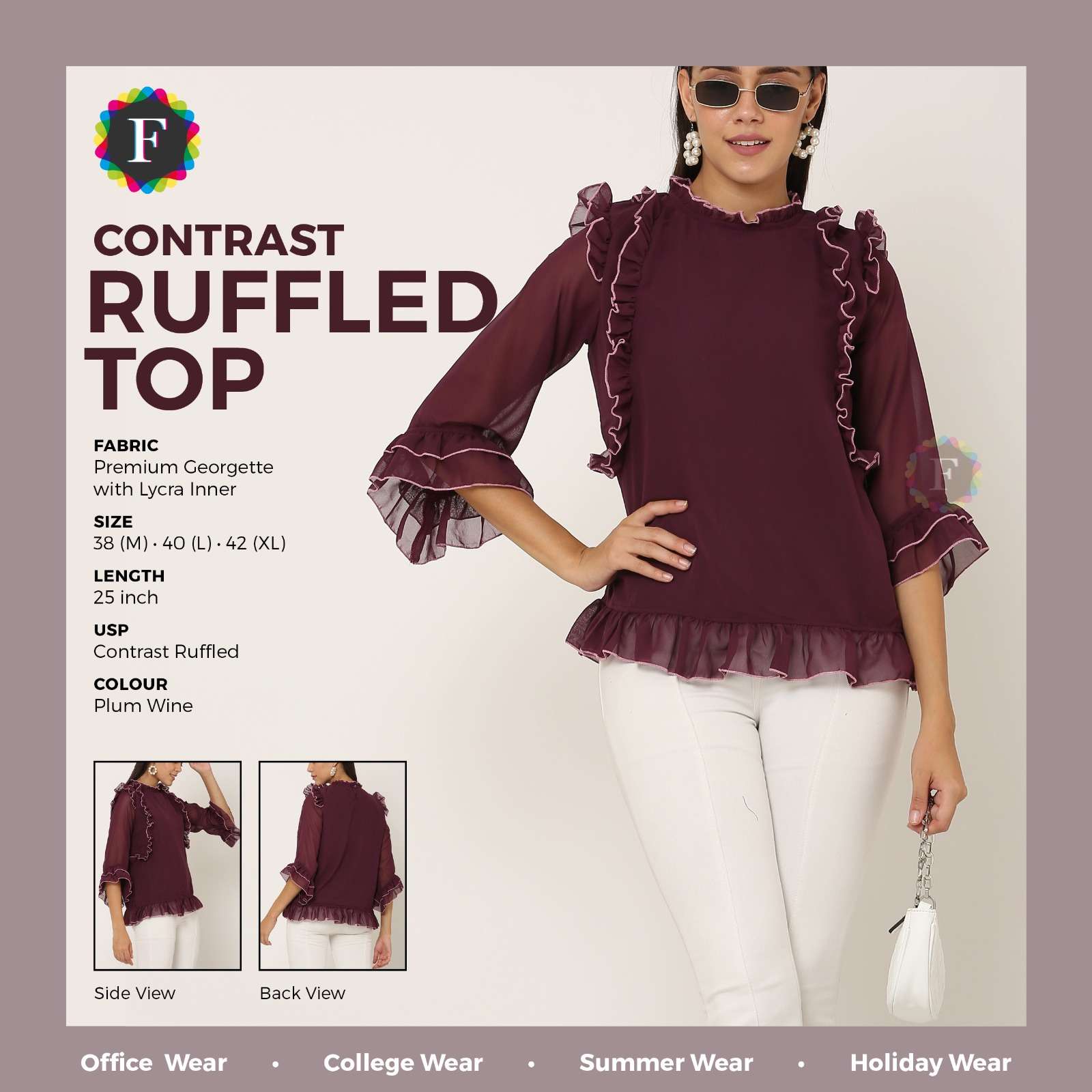 contrast ruffled top georgette western tops for girls 