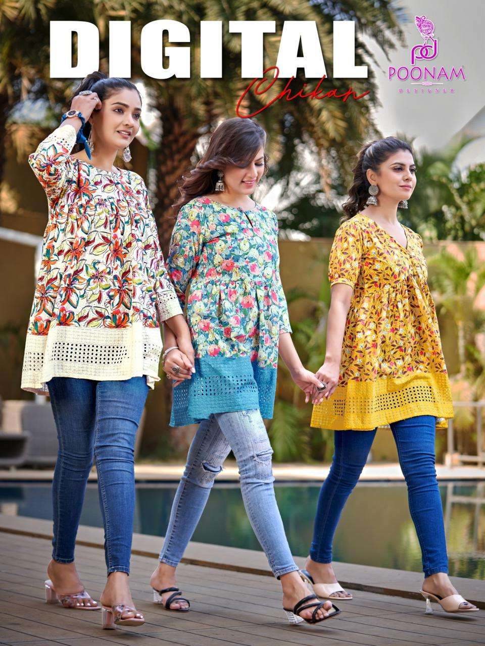 digital chikan by poonam cotton schiffli work fancy short tops
