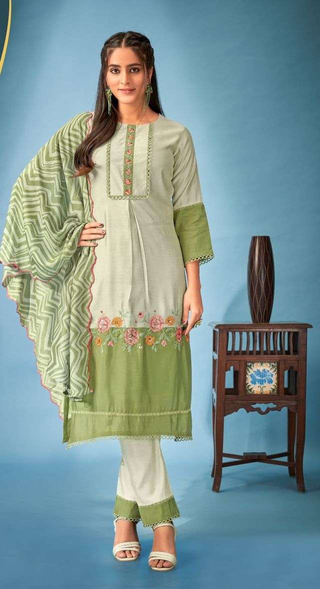 four roses pr pick and choose readymade viscose russian silk kurti with pant and dupatta