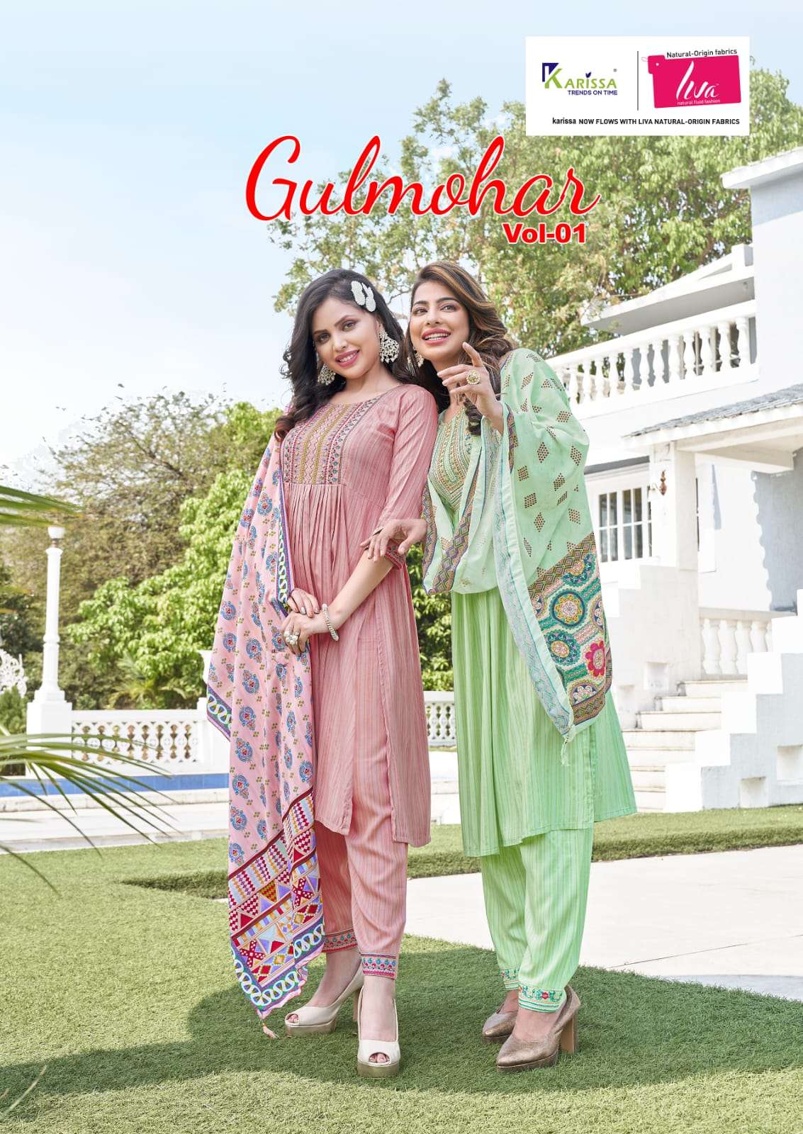 gulmohar vol 1 by karissa readymade liva nayra concept top with pant and dupatta