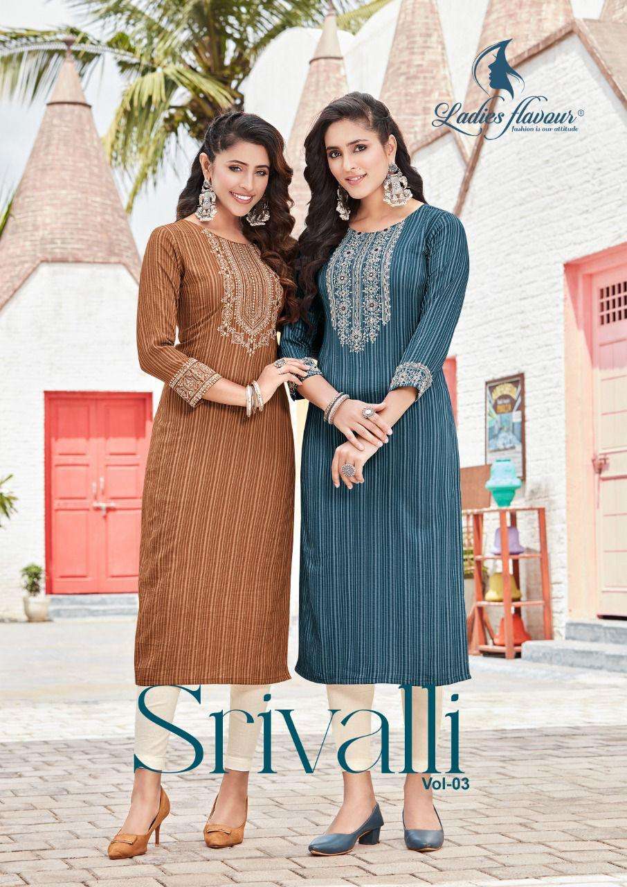ladies flavour srivalli vol 3 rayon viscose work daily wear kurti