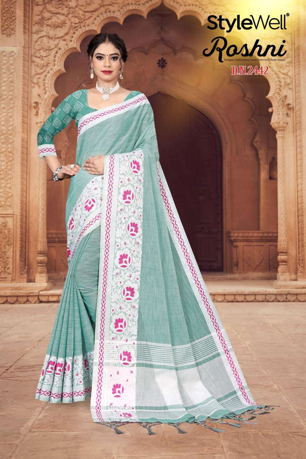 stylewell roshni linen designer lucknowi saree
