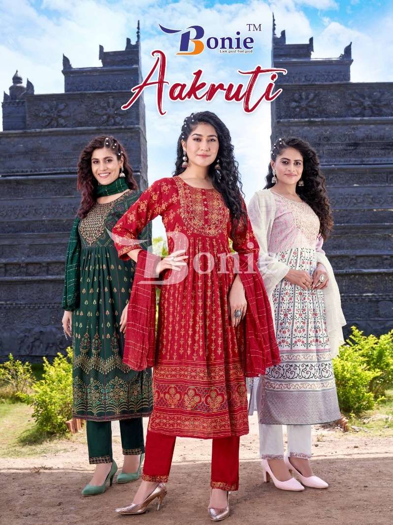 aakruti by bonie blocked printed nayra kurti with pant and dupatta