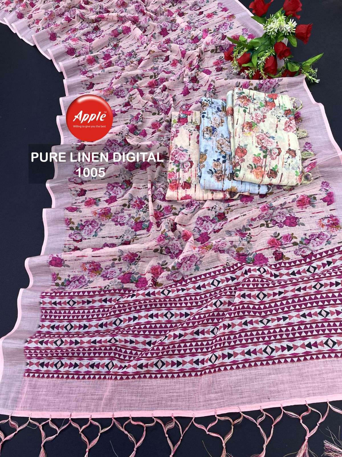 apple linen silk four colour and single colour matching saree wholesaler 