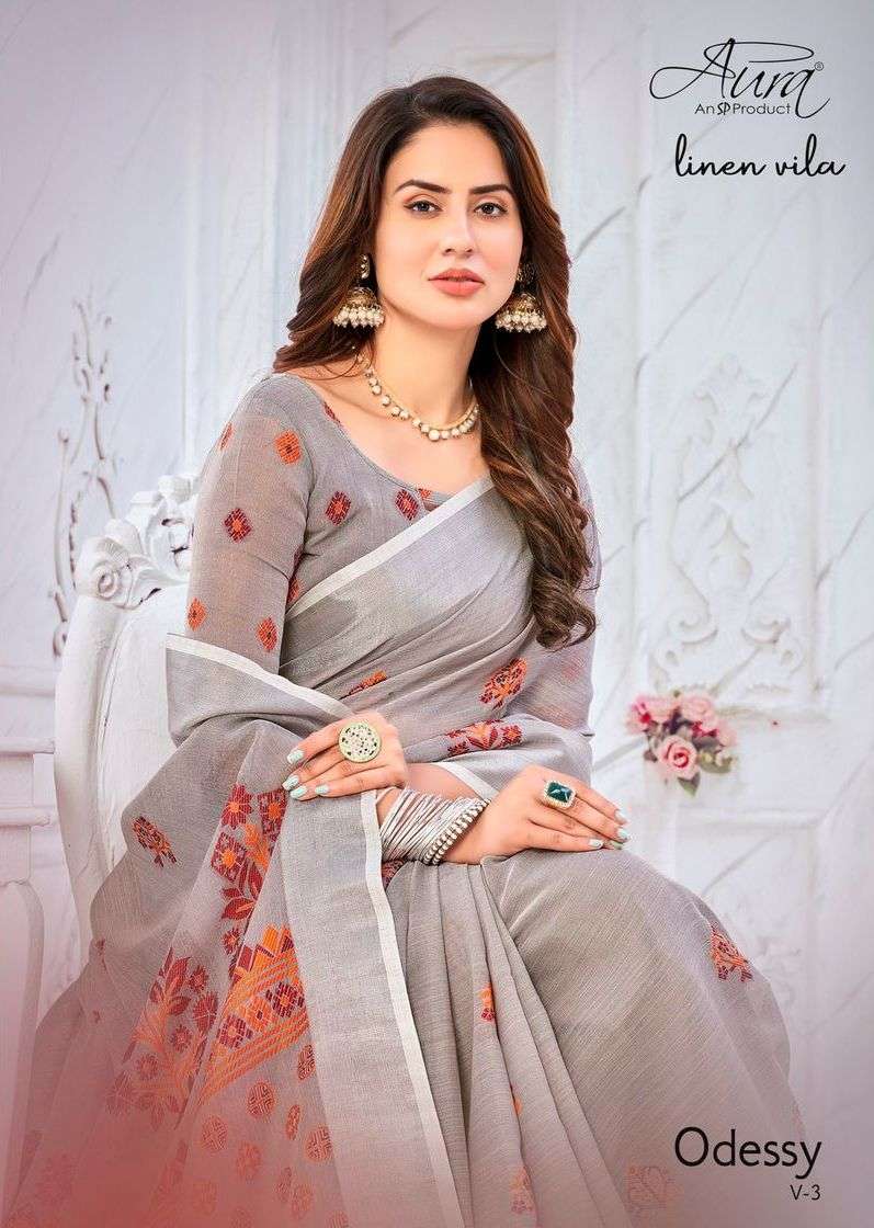 aura odessy vol 3 linen vila adorable print saree collection 