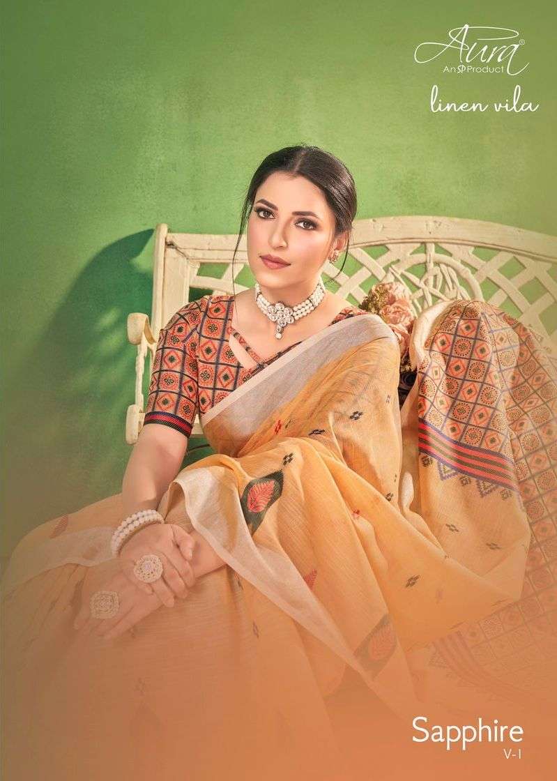 aura sapphire vol 1 linen vila fantastic printed saree wholesaler 