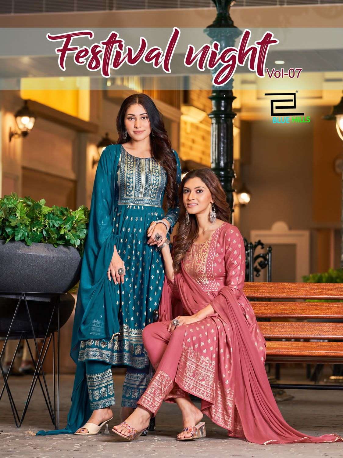blue hills festival night vol 7 readymade foli print nayra cut kurti with pant and dupatta