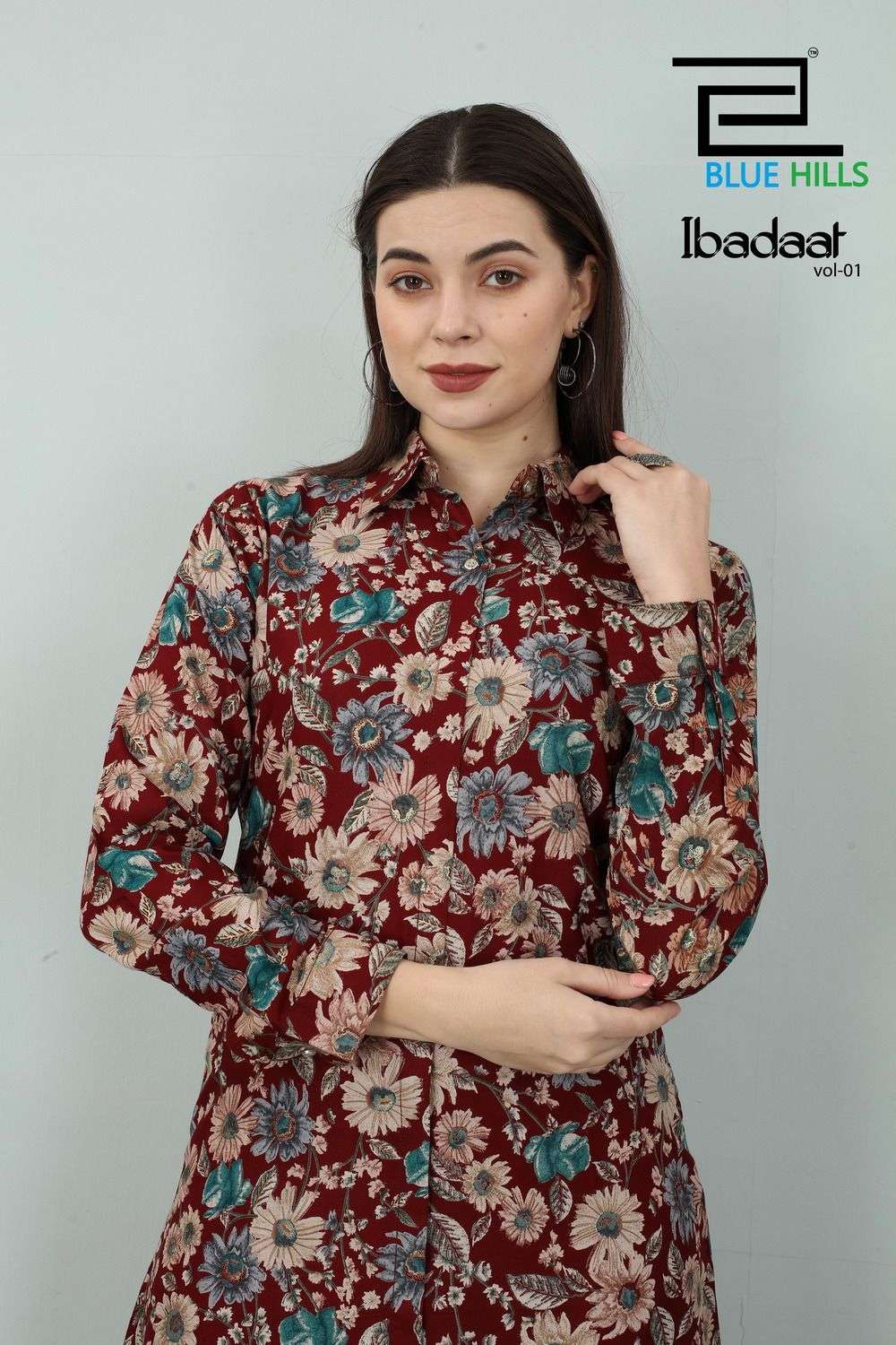 blue hills present ibadaat vol 1 flower print kurti with pant co-ord set 