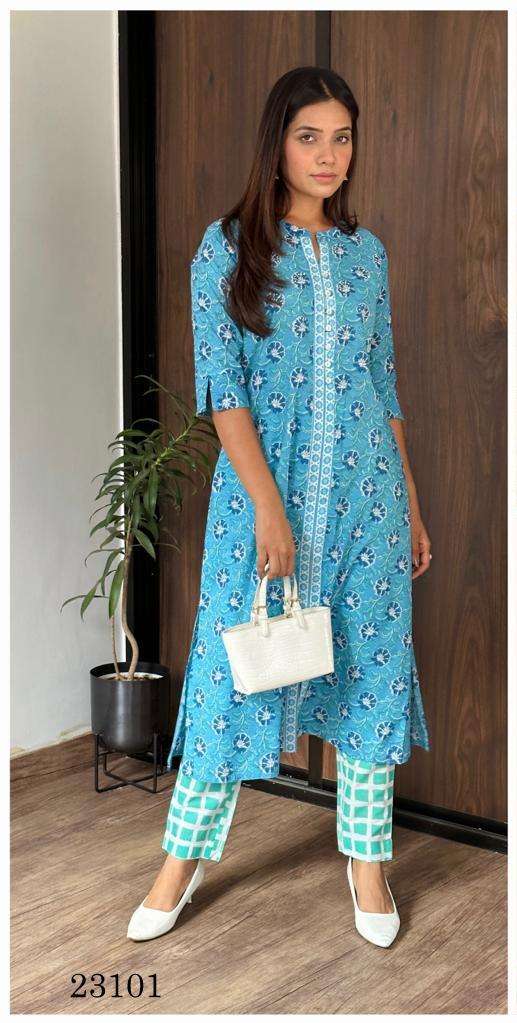 indira present 23101 readymade a line style kurti with pant combo set