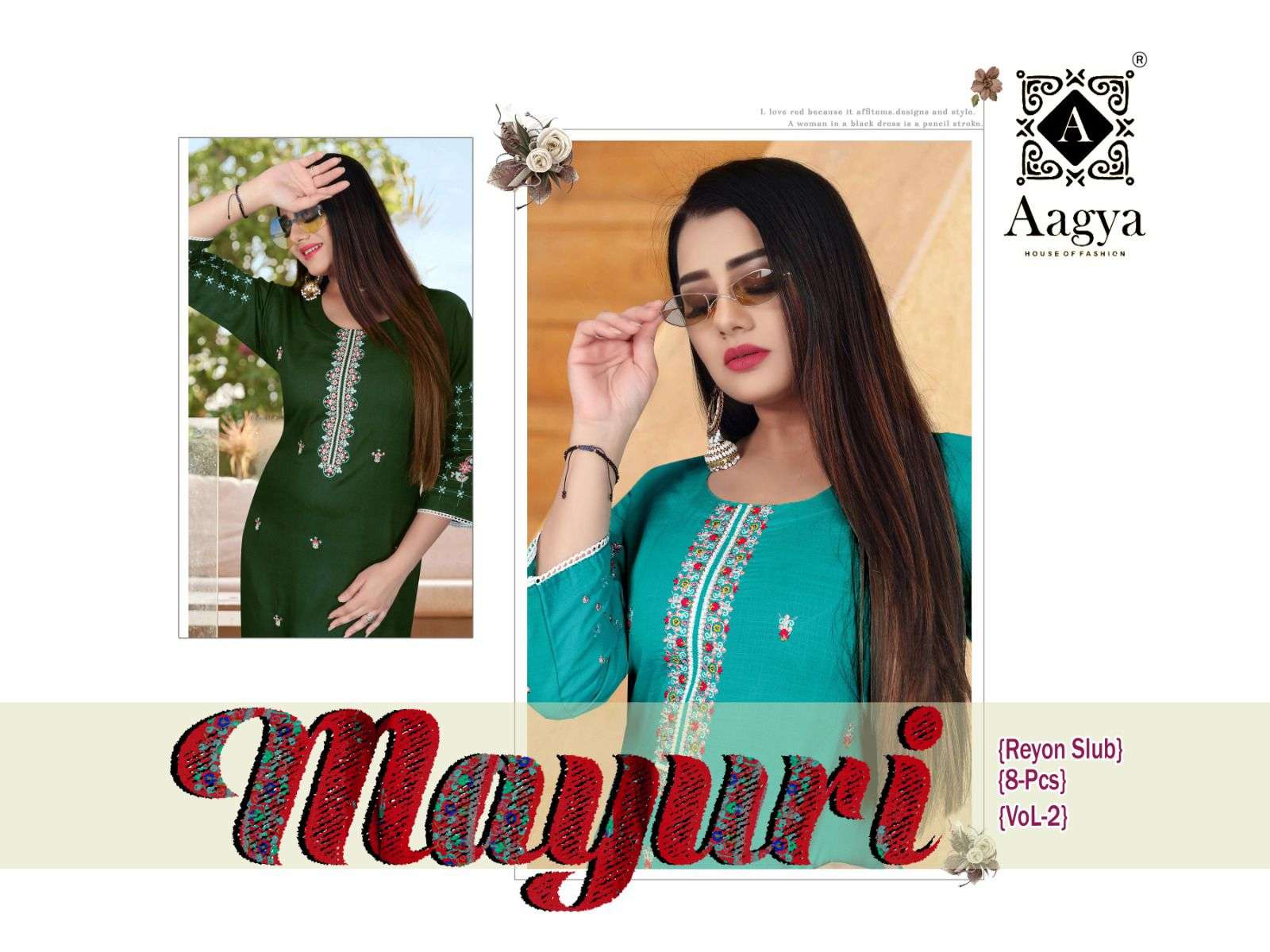Ruby Mayuri Vol.2 Rayon Slub Heavy Embroidered Galla Work  allover and Sleeve Work with Lace Pattern KURTI CATALOG WHOLESATER BEST RATE 