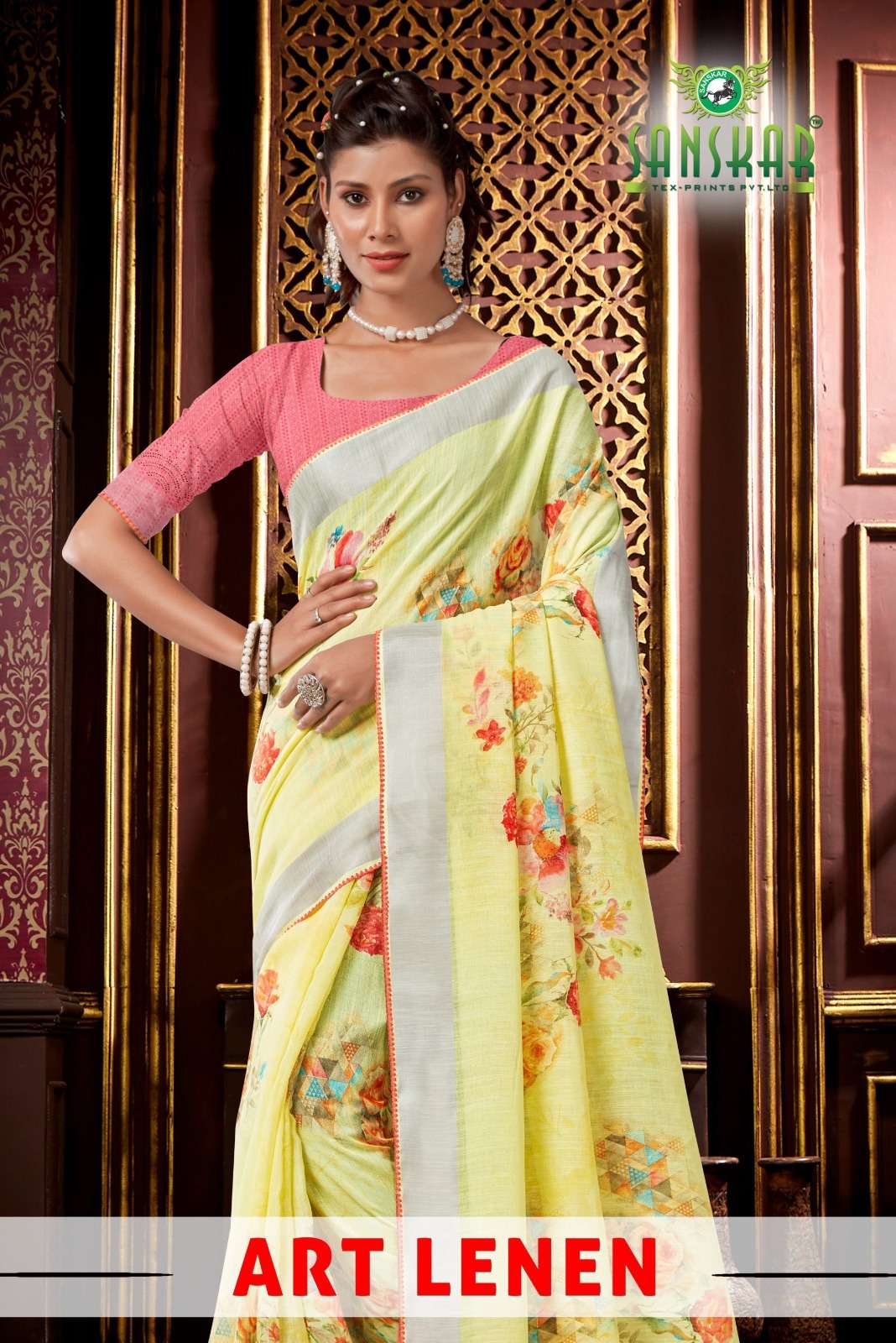 sanskar tex print art lenen 18001-18008 flower print saree collection 