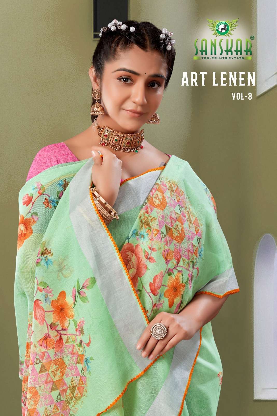 sanskar tex prints art lenen vol 3 designer floral print saree online wholesaler 