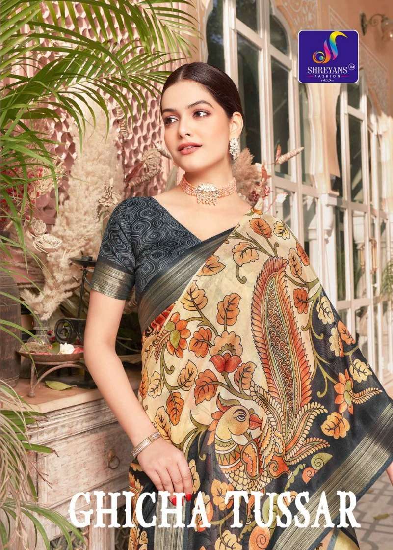 shreyans fashion ghicha tussar fantastic print fancy saree collection 