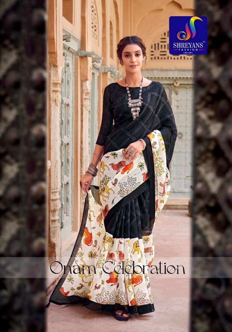shreyans fashion present onam celebration designer print saree wholesaler 