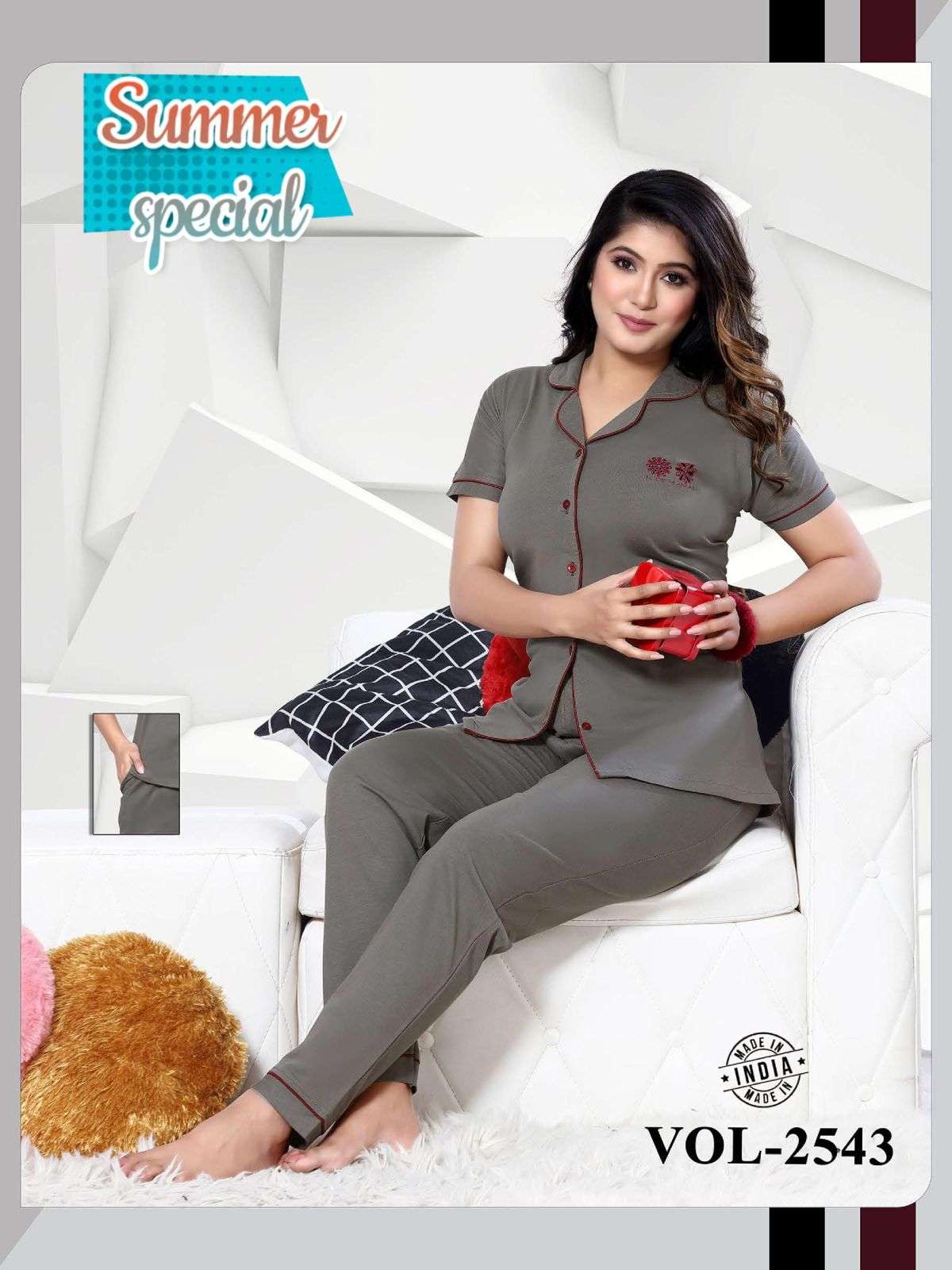 SUMMER SPECIAL C.NS VOL.2543 Heavy Shinker Hosiery Cotton Collar Night Suits With Pocket CATALOG WHOLESALER BEST RATE