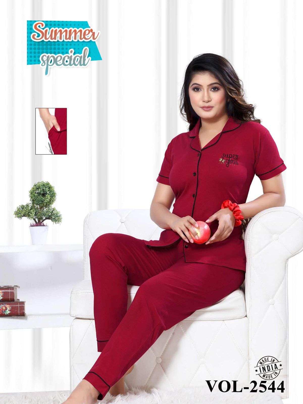 SUMMER SPECIAL C.NS VOL.2544 Heavy Shinker Hosiery Cotton Collar Night Suits With Pocket CATALOG WHOLESALER BEST RATE