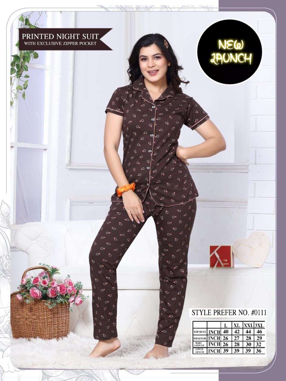 Summer Special No.#0111 Hosiery Cotton Printed Night Suit With Excl Zipp Pocket NIGHT SUIT CATALOG WHOLESALER BEST RATE