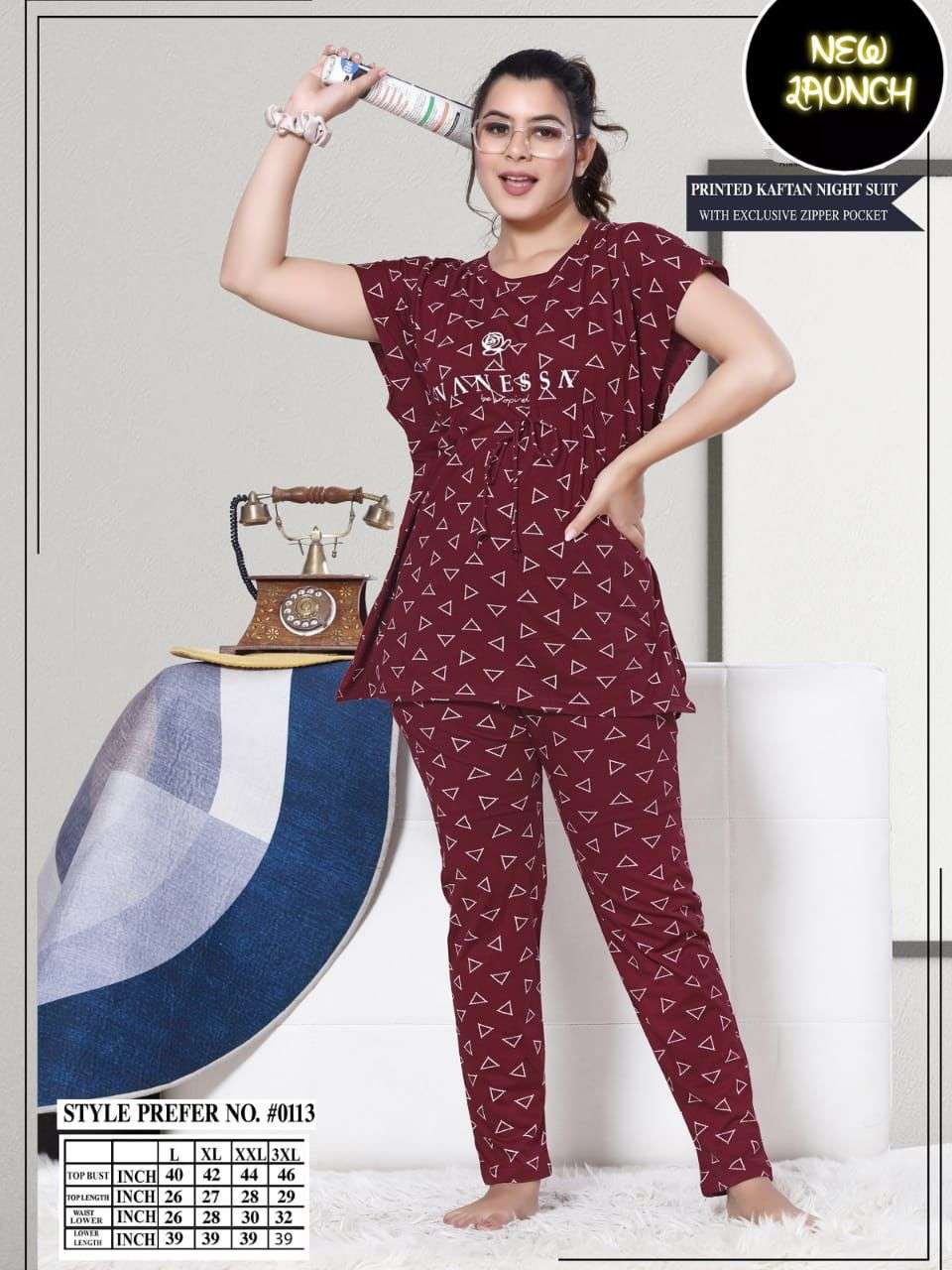 Summer Special No.#0113 Hosiery Cotton Printed Kaftan Night Suit With Excl Zipp Pocket NIGHT SUIT CATALOG WHOLESALER BEST RATE