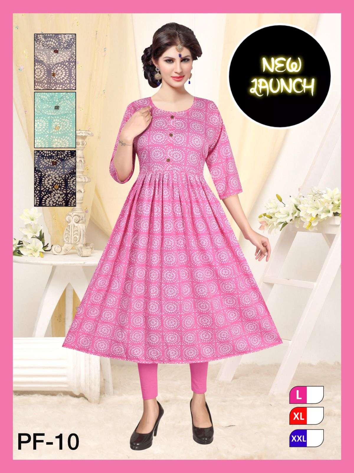 TRENDY PF-10 BSY LONG PRINTED GHERA KURTI four colour matching 