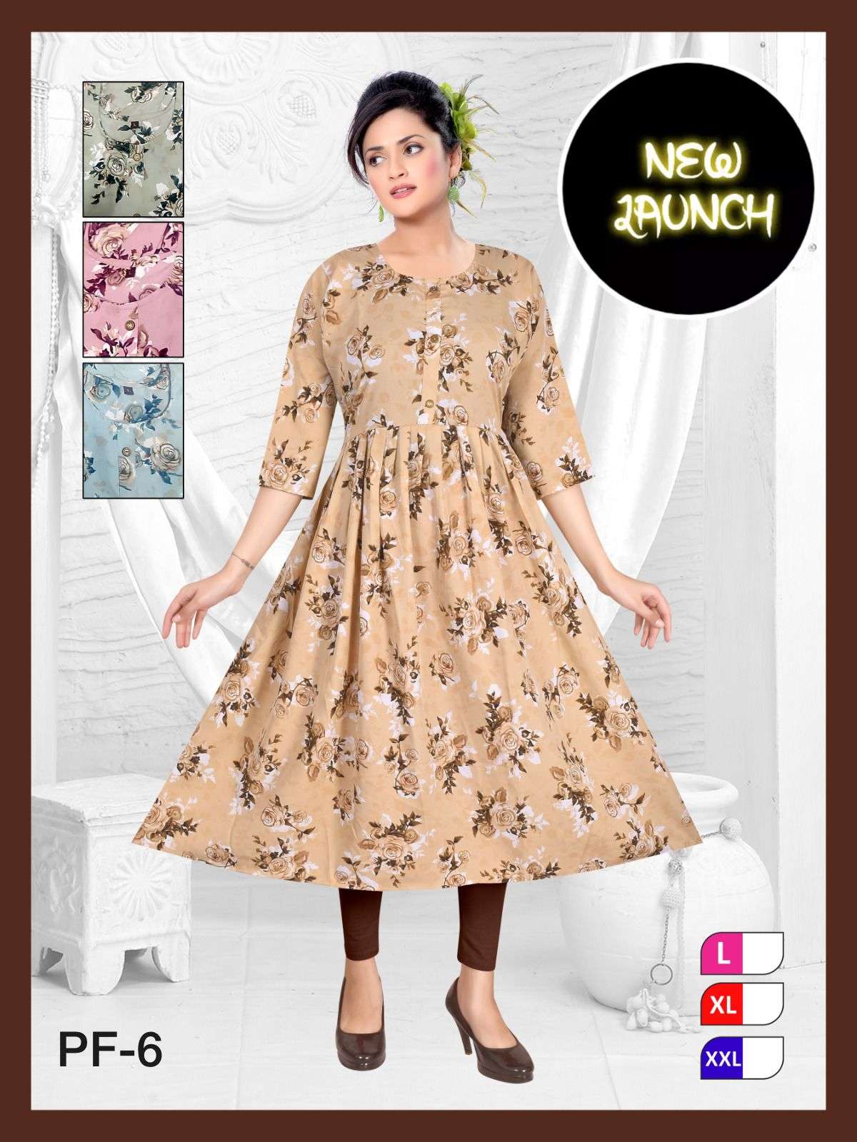 TRENDY PF-6 BSY LONG PRINTED GHERA KURTI four colour matching 