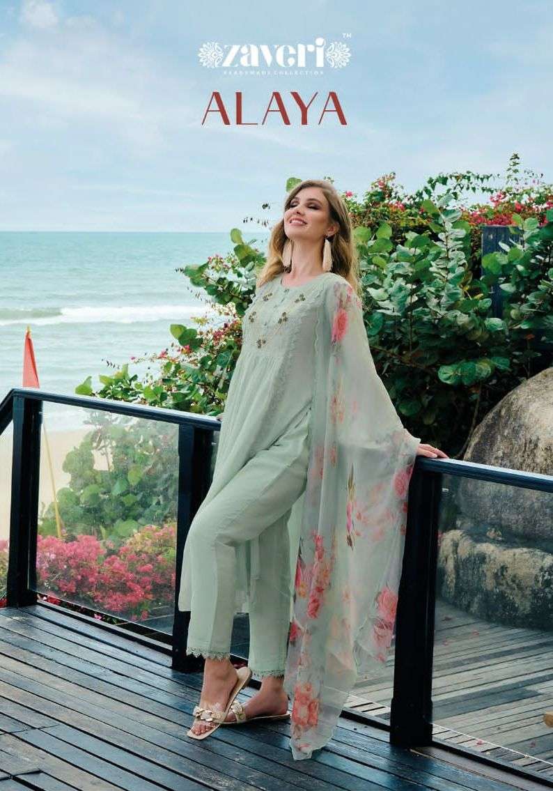 zaveri present alaya readymade organza kurti with pant and dupatta