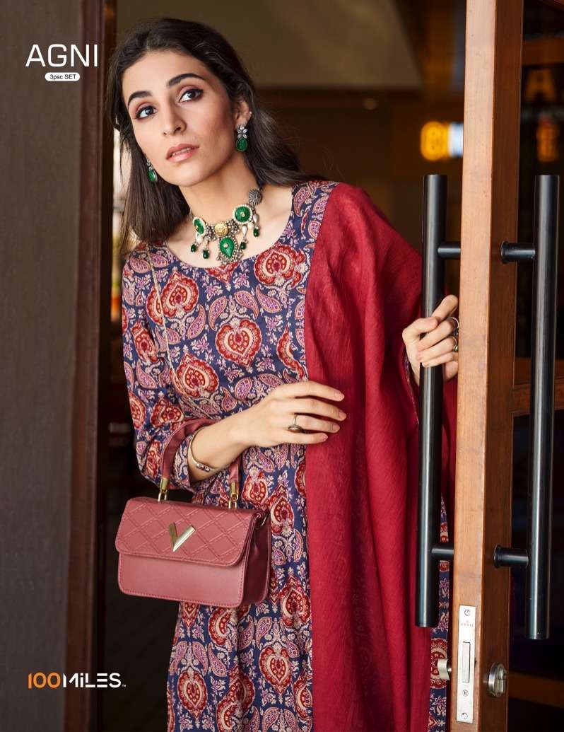 agni by 100 miles flared style printed kurti with pant and dupatta